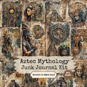 Op de afbeelding: Een digitale collagekit met afbeeldingen uit de Azteekse mythologie. De kit bevat afbeeldingen van piramides, oude goden en ingewikkelde patronen. De tekst "Aztec Mythology Junk Journal Kit" en "Includes 50 Inner Pages" wordt weergegeven op de collage. De kit is perfect voor het maken van unieke en gepersonaliseerde dagboeken.