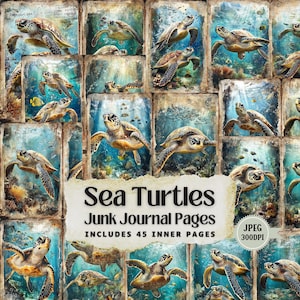 Puede incluir: Un collage de 15 imágenes con tortugas marinas nadando en el océano. Las imágenes están dispuestas en una cuadrícula y tienen un aspecto vintage y desgastado. El texto "Sea Turtles Junk Journal Pages Includes 45 Inner Pages" se muestra en la parte inferior del collage. Un pequeño círculo con el texto "JPEG 300DPI" está en la esquina inferior derecha.