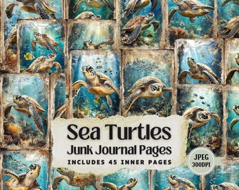 Sea Turtle Junk Journal Pages: Vintage Shabby Chic Ephemera (45 JPEG)