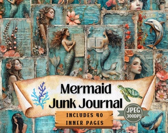 Può includere: Un'opera d'arte digitale in stile collage con sirene, creature marine ed elementi floreali. Il testo "Mermaid Junk Journal" e "Includes 40 Inner Pages" è ben visibile. La tavolozza dei colori comprende tonalità di verde acqua, corallo e beige.