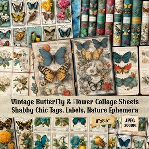 Vintage Butterfly & Flower Collage Sheets: Shabby Chic Junk Journal (Digital Download, 100 JPEG Files)