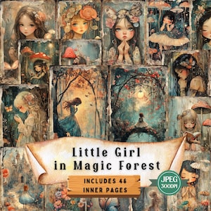 Little Girl in Magic Forest Junk Journal Pages | Vintage Cute Girl Cartoon Style | Shabby Chic Paper Craft Sheets | Ephemera for Scrapbook.