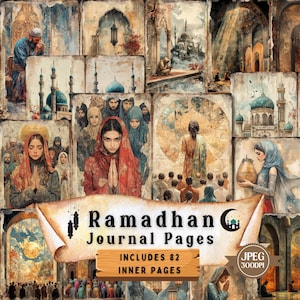 May include: A collage of 82 digital journal pages featuring Islamic art and architecture. The pages include images of mosques, people praying, and traditional Islamic patterns. The text "Ramadhan Journal Pages" is displayed on a scroll with a crescent moon.