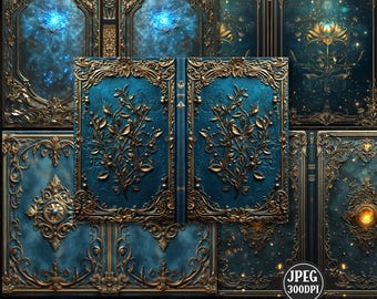 May include: 18 digital book cover designs featuring ornate gold frames and blue backgrounds with a starry sky effect. The covers are perfect for fantasy, magical realism, or historical fiction.