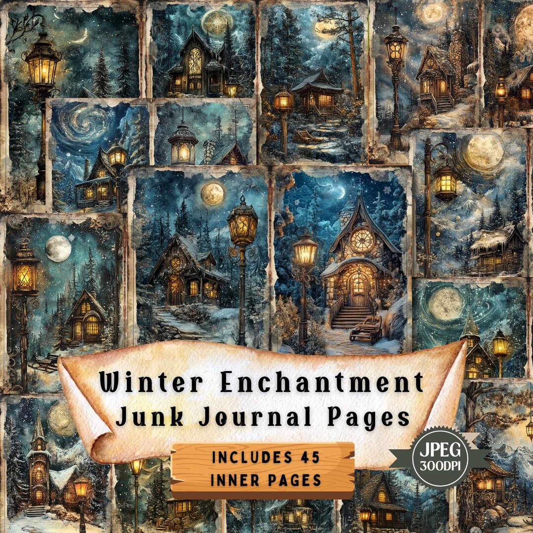 Winter Enchantment Junk Journal Pages | Nighttime Mountain Scene ...