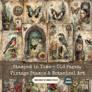 Stamped in Time – Alte Buchseiten, Vintage Briefmarken & Botanische Kunst | Antique Scrapbook Kit | Shabby Chic Papierkunst Collage Ephemera | 54 JPEG.