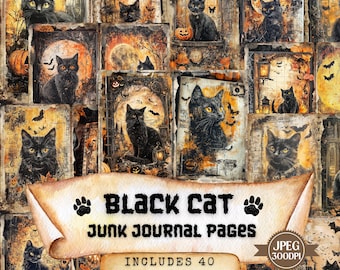 May include: 40 printable pages featuring black cats, pumpkins, and Halloween-themed imagery. These digital collage sheets are perfect for junk journaling, scrapbooking, and other paper crafts.