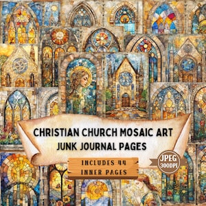 Kit diario di arte in mosaico della chiesa cristiana / Tema vetrate vintage / Foglio di carta artigianale shabby chic Ephemera Scrapbooking / 44 JPEG