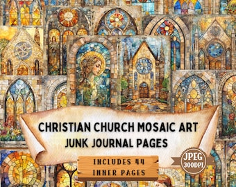 May include: A digital collage of 44 stained glass window images featuring Christian church themes. The images are perfect for junk journaling and scrapbooking. The collage includes images of stained glass windows, angels, and churches. The text "Includes 44 Inner Pages" and "JPEG 300DPI" is included in the image.