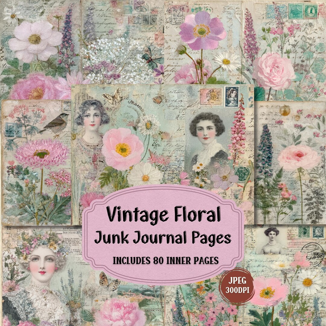 Vintage Floral Junk Journal Pages: Shabby Chic Ephemera (digital ...