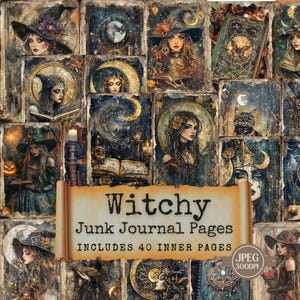 Könnte beinhalten: Ein Set mit 40 digitalen druckbaren Seiten mit einem Hexen-Thema. Die Seiten sind mit Bildern von Hexen, Monden, Sternen, Kerzen und Büchern verziert. Die Seiten sind perfekt für die Verwendung in Junk Journals, Scrapbooks oder anderen kreativen Projekten.