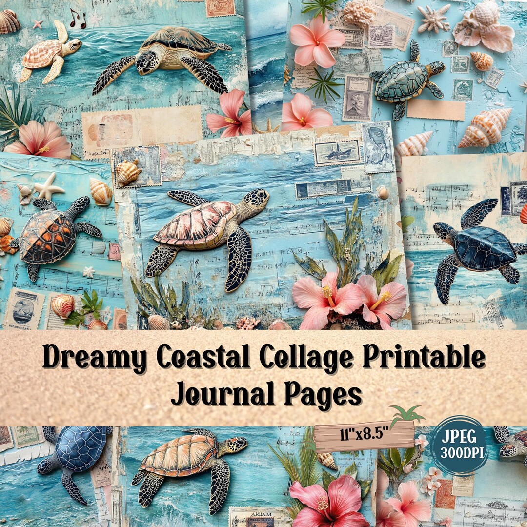 Coastal Collage Printable: Sea Turtle, Seashells, Vintage Stamps (60 ...