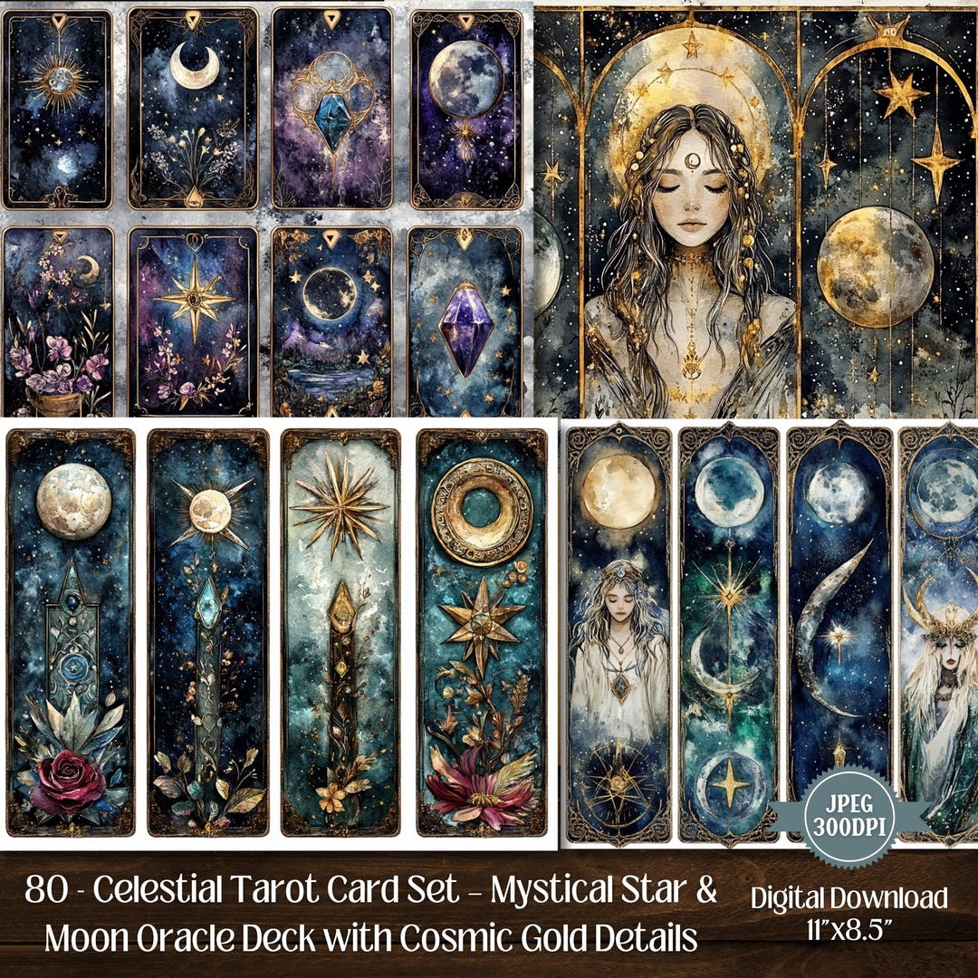 Celestial Tarot Card Labels: Watercolor Moon & Star Designs (digital ...