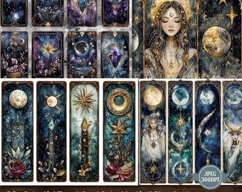 Celestial Tarot Card Labels: Watercolor Moon & Star Designs (Digital Download)