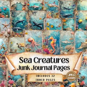 Puede incluir: Un collage digital de 32 páginas imprimibles de diario de desecho con criaturas marinas. Las páginas son de estilo vintage con una combinación de colores azul y verde. Las páginas incluyen imágenes de caballitos de mar, medusas, estrellas de mar, tortugas marinas y mucho más. El texto "Sea Creatures Junk Journal Pages" se muestra en un rollo.
