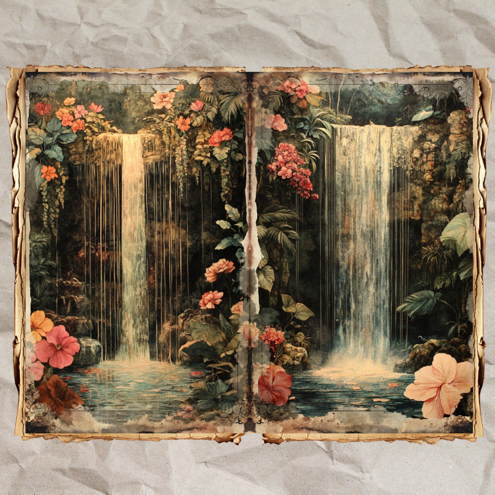 Watercolor Waterfall Junk Journal Kit: Shabby Chic Ephemera (38 JPEG ...