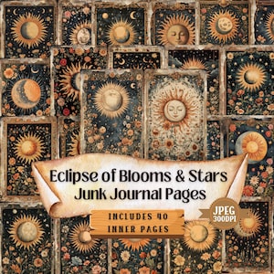 Pagine di diario spazzatura "Eclipse of Blooms and Stars" / Bellissime illustrazioni di sole e luna / Materiale effimero shabby chic per scrapbooking / 40 JPEG.