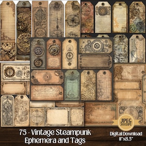 May include: A collection of 75 vintage steampunk ephemera and tags. The tags and ephemera feature gears, clocks, and other mechanical elements. The digital download is 27.94cm x 21.59cm and includes a JPEG file at 300 DPI.