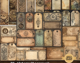 Steampunk Clockwork Tags: Vintage Gear Ephemera for Junk Journals (75 JPEG Digital Download)