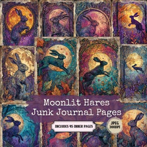 Puede incluir: Páginas de diario digital con ilustraciones de liebres en un bosque iluminado por la luna. La obra de arte tiene un estilo vintage con una paleta de colores de morados, azules y dorados. El texto "Moonlit Hares Junk Journal Pages" está incluido.