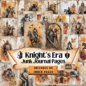 Pagine del diario di Knight's Era, arte con tecniche miste, kit per diario di cianfrusaglie a tema cavaliere con acquerello, fogli di carta per bricolage shabby chic, effimeri.