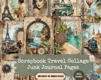 Vintage Travel Scrapbook Kit: Shabby Chic Ephemera, Collage Pages (45 JPEG)
