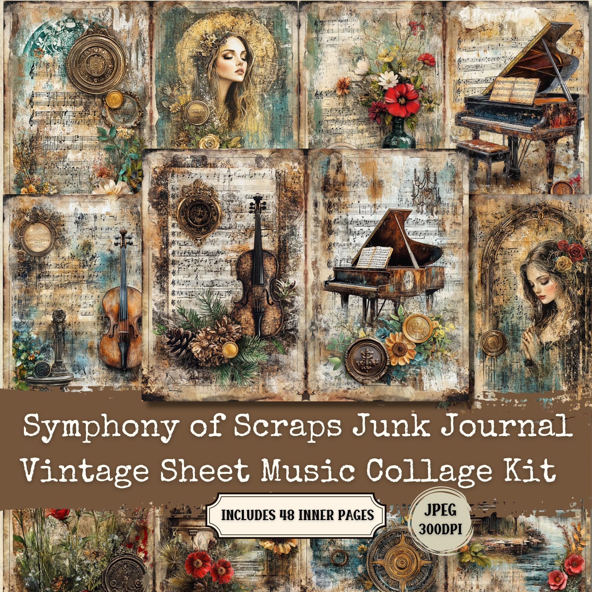 Vintage Sheet Music Collage Kit: Shabby Chic Junk Journal Pages (48 ...