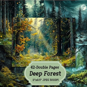 May include: A digital collage of 42 double pages featuring a deep forest scene with tall evergreen trees, a winding stream, and a bright moon in the sky. The text "42-Double Pages Deep Forest 11" x 8.5" JPEG 300DPI" is displayed at the bottom of the image.