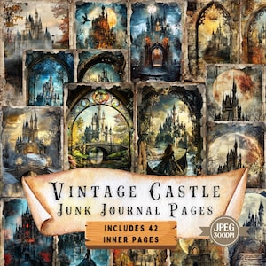 May include: Vintage castle junk journal pages with 42 inner pages. The pages feature a collage of images of castles, moons, and trees in a variety of styles. The images are in a vintage style and have a distressed look.