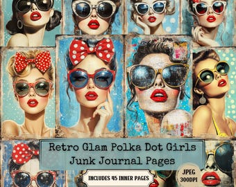 Könnte beinhalten: Eine Collage von Illustrationen im Vintage-Stil mit Frauen mit rotem Lippenstift und Sonnenbrillen. Die Frauen sind mit Polka-Dot-Schleifen geschmückt und vor einem blauen Hintergrund platziert. Der Text lautet "Retro Glam Polka Dot Girls Junk Journal Pages" und "Includes 45 Inner Pages".