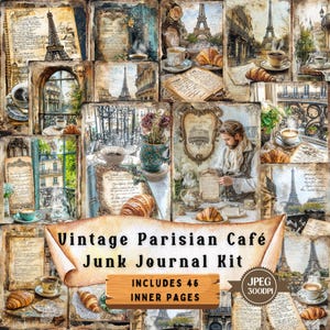 Vintage Parisian Cafe Junk Journal Kit: Shabby Chic Ephemera (46 JPEG)