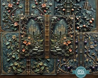 May include: A digital download of a book cover design featuring a fairytale theme. The cover is a collage of images with a central image of a stone path leading to a castle in the distance. The path is surrounded by lush greenery and flowers. The cover is framed by images of vines and flowers.