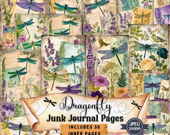 Dragonfly Junk Journal Pages: Vintage Botanical Ephemera (Digital Download)