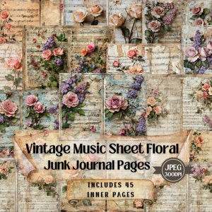 Pagine stampabili con spartiti musicali vintage e motivi floreali, vecchie pagine di diario con spartiti musicali, fogli di carta shabby chic per scrapbooking effimeri.