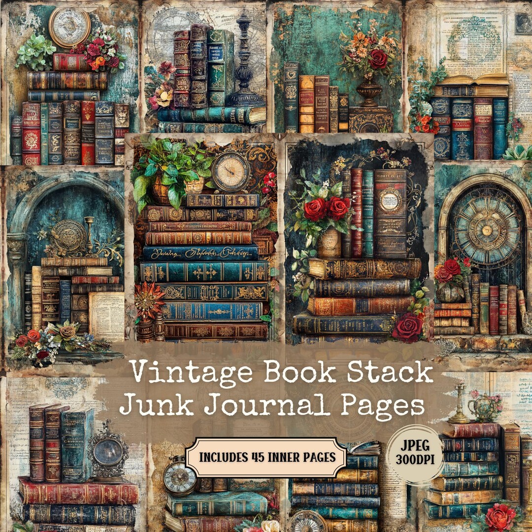 Vintage Book Stack Junk Journal Pages Steampunk Library Ephemera
