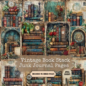 May include: A collage of vintage book stacks with floral and clock accents. The image features stacks of antique books in various colors, including brown, blue, and red. The text "Vintage Book Stack Junk Journal Pages" is displayed.