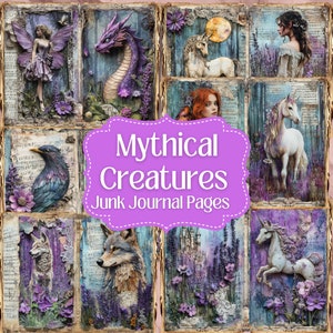 Pagine di diario con creature mitologiche / Kit di diario con collage in stile boho / Foglio di carta per bricolage shabby chic / Scrapbooking di effimeri.
