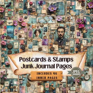Vintage Postcards & Stamps Junk Journal Kit: Shabby Chic Ephemera (Digital Download)