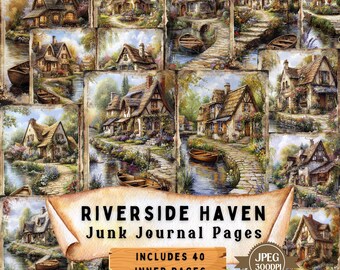 Riverside Village Junk Journal Pages: Shabby Chic Scrapbook Kit (40 JPEG)