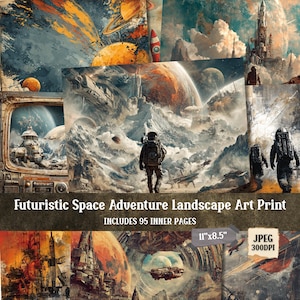 May include: A collection of art prints featuring futuristic space adventure landscapes. The prints showcase astronauts, planets, rockets, and space stations. The text reads "Futuristic Space Adventure Landscape Art Print" and "Includes 95 Inner Pages". The prints measure 11"x8.5".