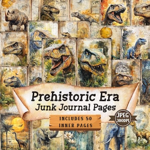 Prehistoric Era Junk Journal Kit | Vintage Jurassic Dinosaurs Themed | Shabby Chic Paper Craft Sheet Ephemera Scrapbooking | 50 JPEG
