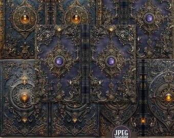 Puede incluir: Una descarga digital con 16 páginas de portada para un grimorio. Las portadas tienen una combinación de colores azul oscuro y púrpura con diseños de filigrana dorada y bronce. Cada portada presenta una joya central. La imagen mide 28 cm x 21,6 cm.