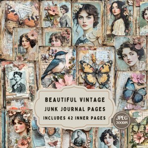 Bellissime pagine di diario vintage, kit di abbellimenti e oggetti effimeri, fogli di collage di carta shabby chic per scrapbooking, 42 JPEG.