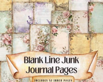 May include: A collage of 52 vintage-style journal pages with blank lines. The pages feature floral designs with roses, lavender, and other botanical elements. The pages are distressed and have a faded, antique look. The text "Blank Line Junk Journal Pages" and "Includes 52 Inner Pages" is displayed on a scroll.