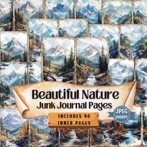 Splendide pagine di diario con immagini naturalistiche, kit per diario con immagini di montagne e foreste acquerellate, fogli di carta shabby chic per scrapbooking.