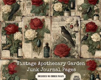 Pagine del diario Vintage Apothecary Garden Junk: effimere botaniche (40 file digitali JPG)