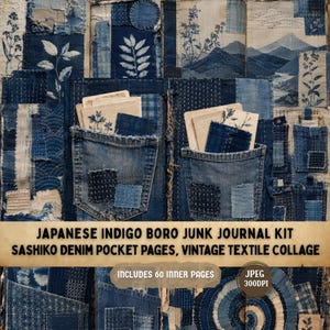 Könnte beinhalten: Ein japanisches Indigo-Boro-Junk-Journal-Set mit Sashiko-Denim-Taschenseiten und Vintage-Textilcollage. Das Set enthält 60 Innenseiten mit sichtbaren Denim-Taschen, detaillierten weißen Nähten sowie botanischen und Berglandschaftsmotiven.
