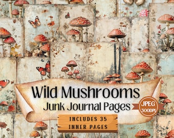 May include: A collage of 35 digital paper pages featuring vintage-style illustrations of red mushrooms and butterflies. The pages are perfect for junk journaling and crafting projects. The text "Wild Mushrooms Junk Journal Pages" and "Includes 35 Inner Pages" is included in the image.