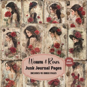 Pagine di diario con donna vintage e rosa rossa / Kit con bellissima donna con rose / Foglio di collage di carta shabby chic / Scrapbooking / 45 JPEG.