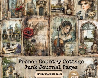 French Cottage Junk Journal Pages: Shabby Chic Ephemera (Digital Download, 50 JPGs)